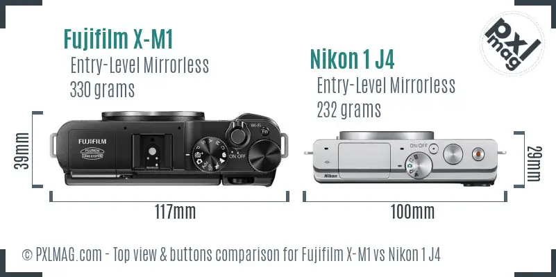 Fujifilm X-M1 vs Nikon 1 J4 top view buttons comparison