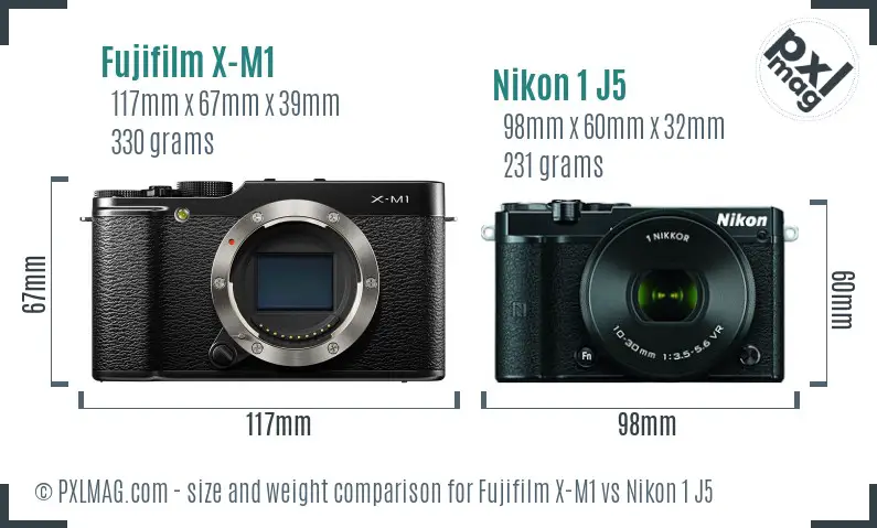 Fujifilm X-M1 vs Nikon 1 J5 size comparison