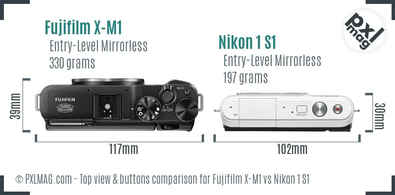 Fujifilm X-M1 vs Nikon 1 S1 top view buttons comparison