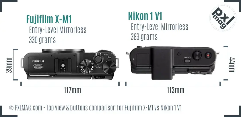 Fujifilm X-M1 vs Nikon 1 V1 top view buttons comparison Fujifilm X-M1 vs Nikon 1 V1 top view buttons comparison
