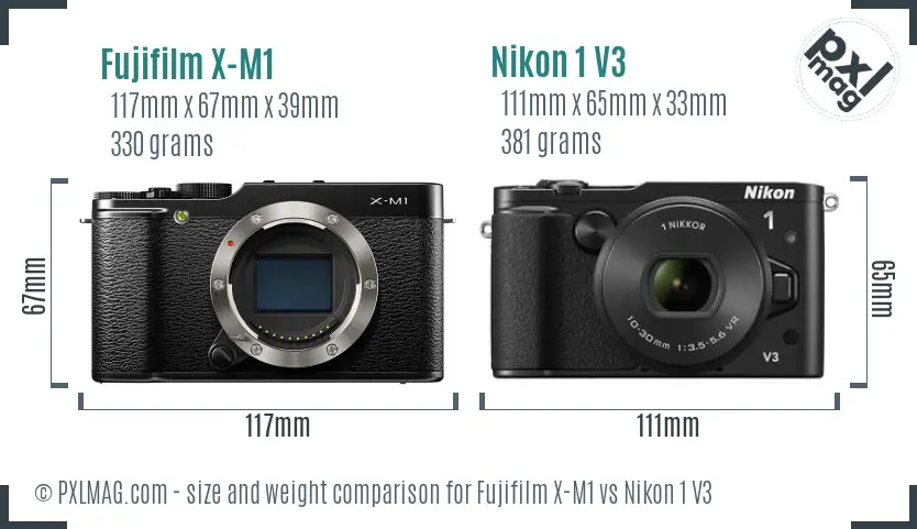 Fujifilm X-M1 vs Nikon 1 V3 size comparison