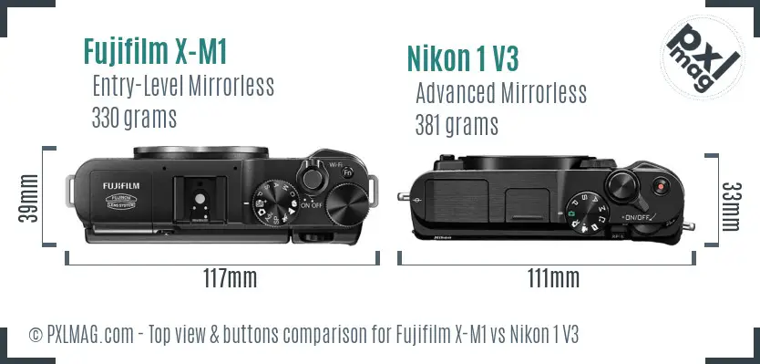 Fujifilm X-M1 vs Nikon 1 V3 top view buttons comparison