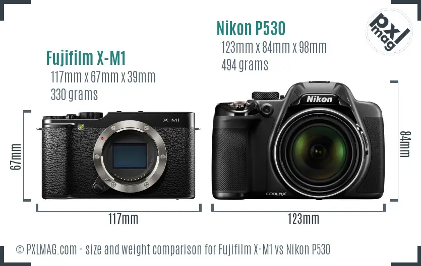 Fujifilm X-M1 vs Nikon P530 size comparison