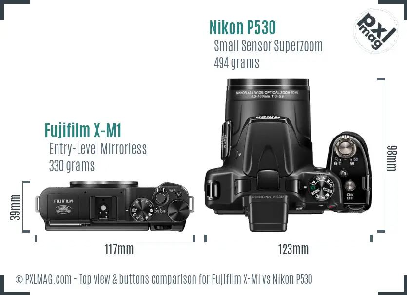 Fujifilm X-M1 vs Nikon P530 top view buttons comparison
