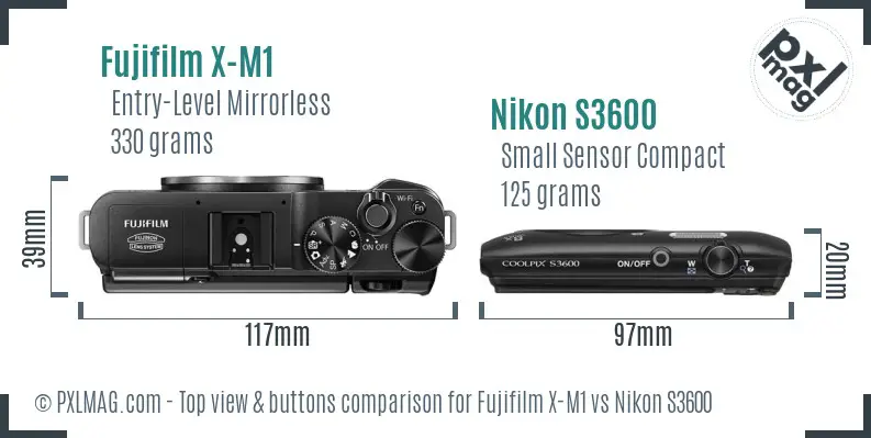 Fujifilm X-M1 vs Nikon S3600 top view buttons comparison