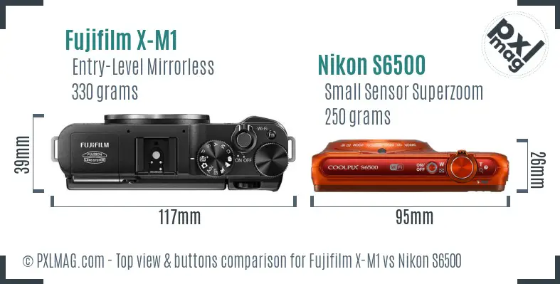 Fujifilm X-M1 vs Nikon S6500 top view buttons comparison