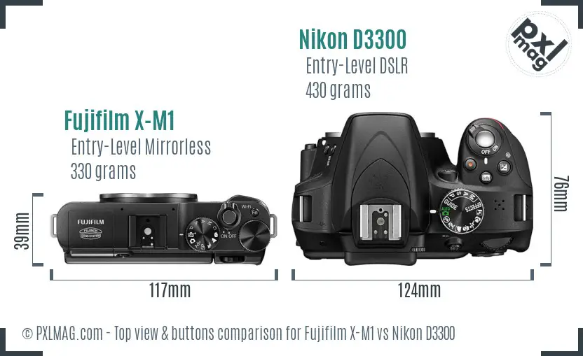 Fujifilm X-M1 vs Nikon D3300 top view buttons comparison