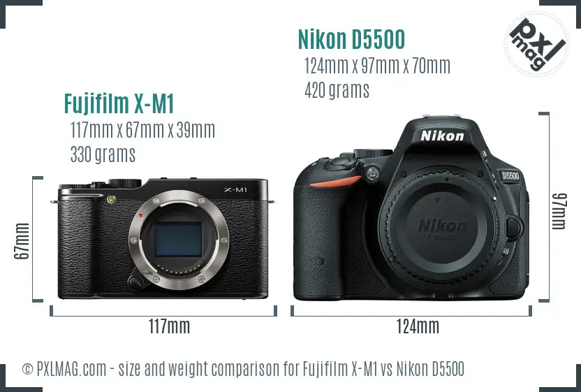 Fujifilm X-M1 vs Nikon D5500 size comparison