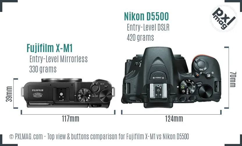 Fujifilm X-M1 vs Nikon D5500 top view buttons comparison