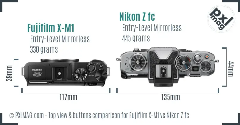 Fujifilm X-M1 vs Nikon Z fc top view buttons comparison