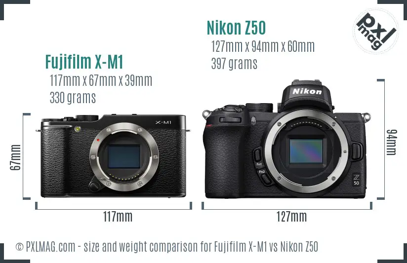 Fujifilm X-M1 vs Nikon Z50 size comparison