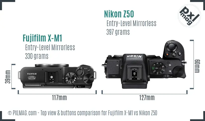 Fujifilm X-M1 vs Nikon Z50 top view buttons comparison