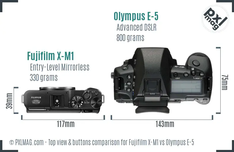 Fujifilm X-M1 vs Olympus E-5 top view buttons comparison