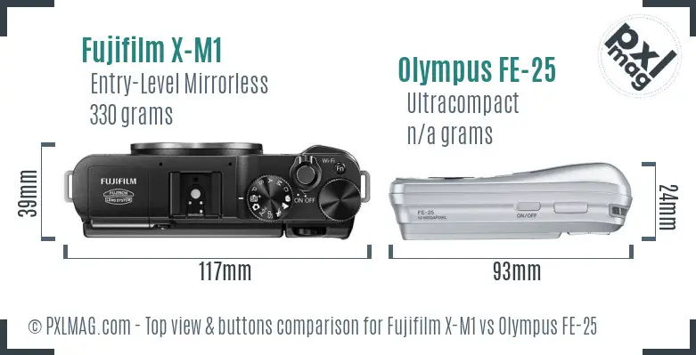 Fujifilm X-M1 vs Olympus FE-25 top view buttons comparison