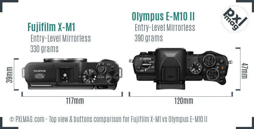 Fujifilm X-M1 vs Olympus E-M10 II top view buttons comparison