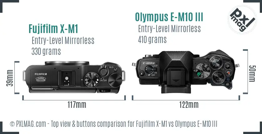 Fujifilm X-M1 vs Olympus E-M10 III top view buttons comparison