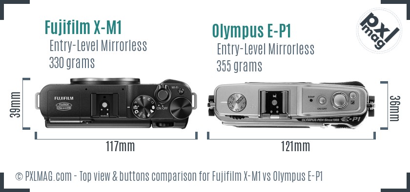 Fujifilm X-M1 vs Olympus E-P1 top view buttons comparison