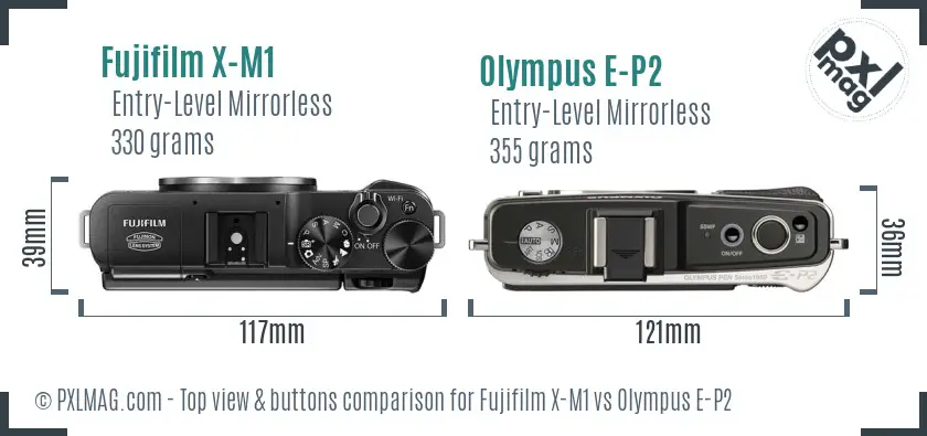 Fujifilm X-M1 vs Olympus E-P2 top view buttons comparison