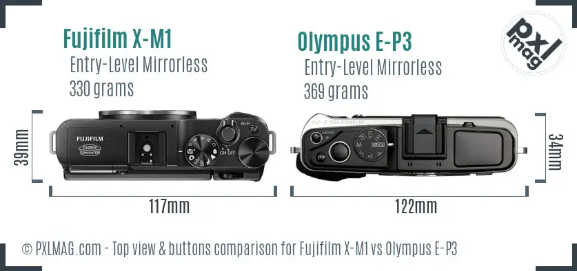Fujifilm X-M1 vs Olympus E-P3 top view buttons comparison