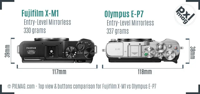 Fujifilm X-M1 vs Olympus E-P7 top view buttons comparison