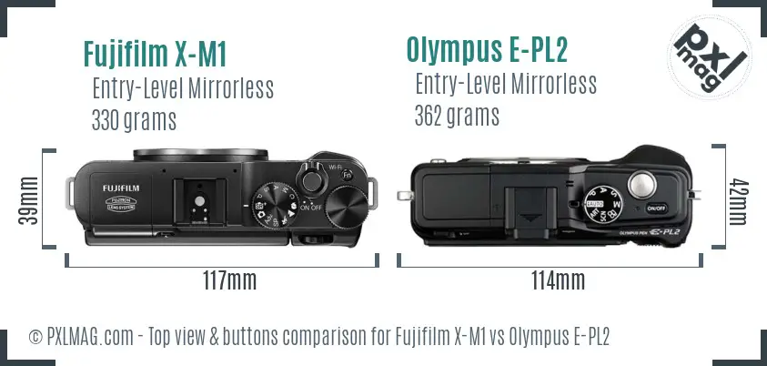 Fujifilm X-M1 vs Olympus E-PL2 top view buttons comparison