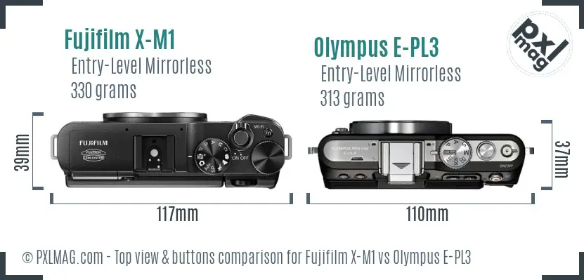 Fujifilm X-M1 vs Olympus E-PL3 top view buttons comparison Fujifilm X-M1 vs Olympus E-PL3 top view buttons comparison