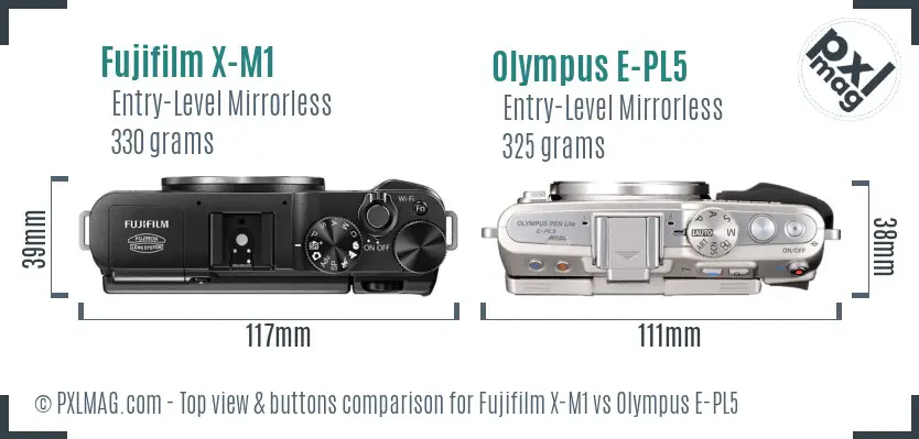 Fujifilm X-M1 vs Olympus E-PL5 top view buttons comparison