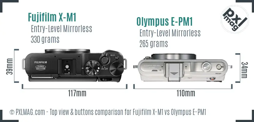 Fujifilm X-M1 vs Olympus E-PM1 top view buttons comparison