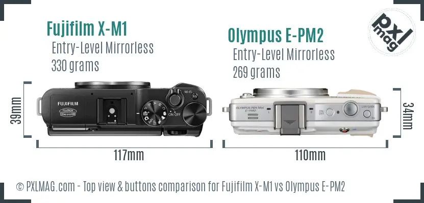 Fujifilm X-M1 vs Olympus E-PM2 top view buttons comparison