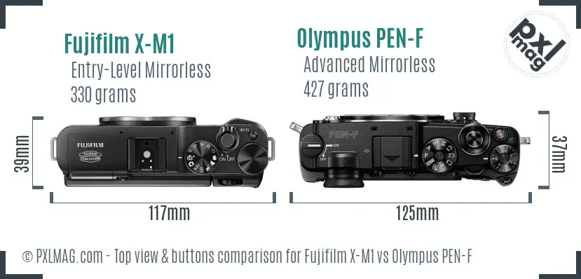 Fujifilm X-M1 vs Olympus PEN-F top view buttons comparison