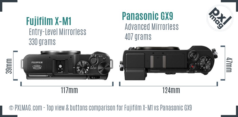 Fujifilm X-M1 vs Panasonic GX9 top view buttons comparison