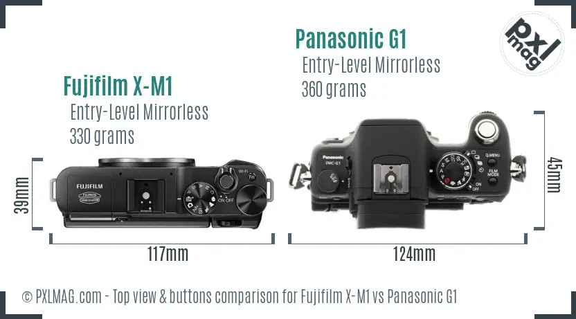 Fujifilm X-M1 vs Panasonic G1 top view buttons comparison