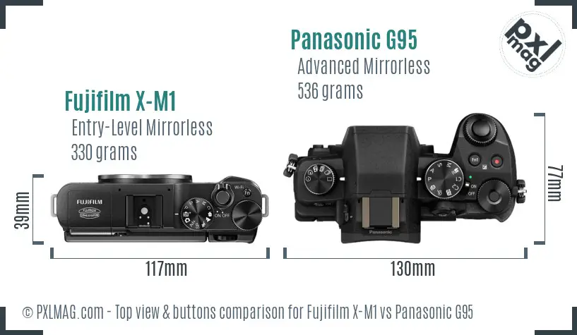Fujifilm X-M1 vs Panasonic G95 top view buttons comparison