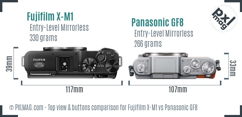 Fujifilm X-M1 vs Panasonic GF8 top view buttons comparison