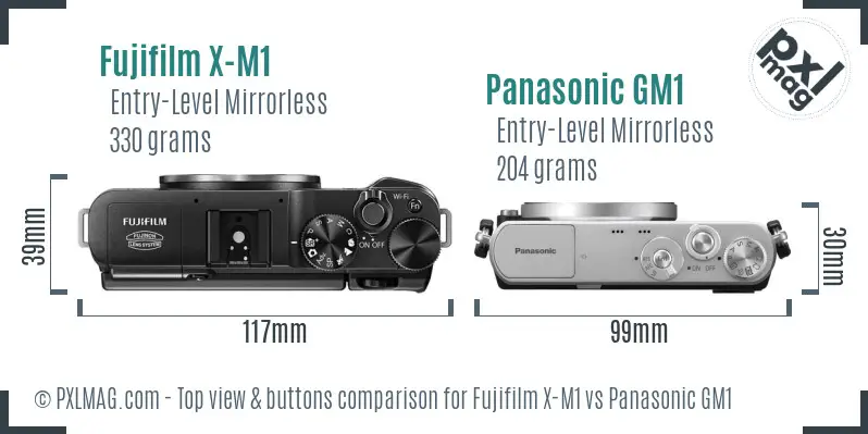 Fujifilm X-M1 vs Panasonic GM1 top view buttons comparison