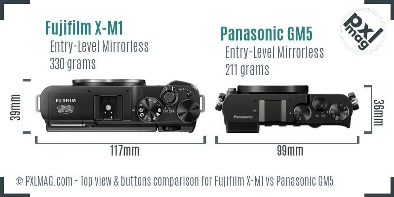 Fujifilm X-M1 vs Panasonic GM5 top view buttons comparison Fujifilm X-M1 vs Panasonic GM5 top view buttons comparison