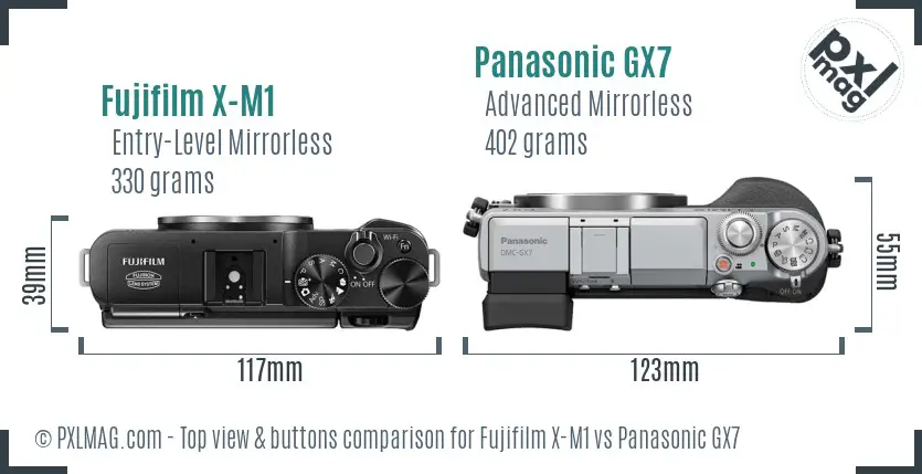 Fujifilm X-M1 vs Panasonic GX7 top view buttons comparison Fujifilm X-M1 vs Panasonic GX7 top view buttons comparison
