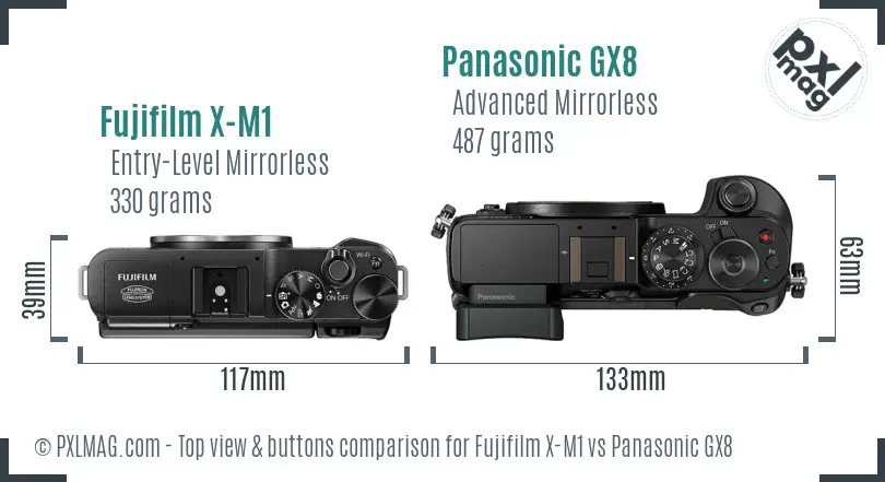 Fujifilm X-M1 vs Panasonic GX8 top view buttons comparison