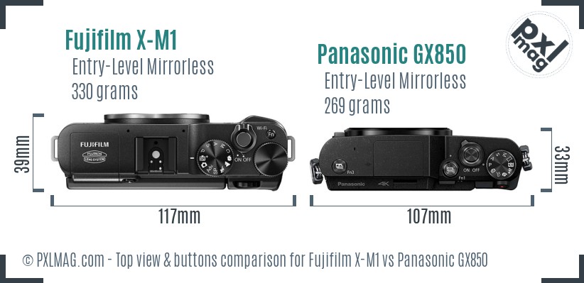 Fujifilm X-M1 vs Panasonic GX850 top view buttons comparison
