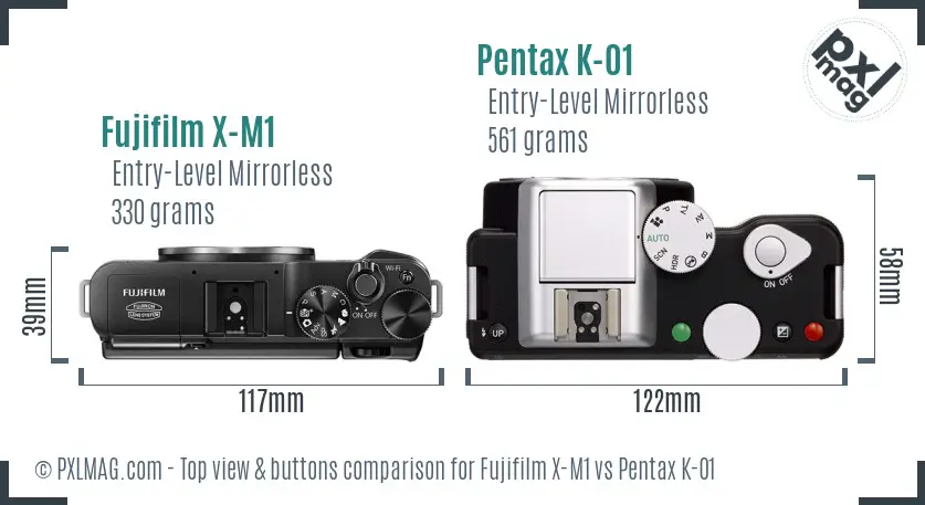 Fujifilm X-M1 vs Pentax K-01 top view buttons comparison