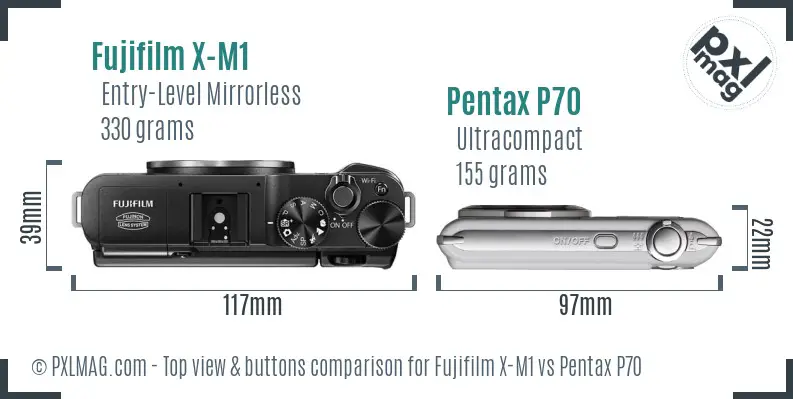 Fujifilm X-M1 vs Pentax P70 top view buttons comparison