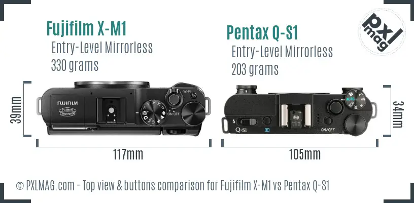 Fujifilm X-M1 vs Pentax Q-S1 top view buttons comparison
