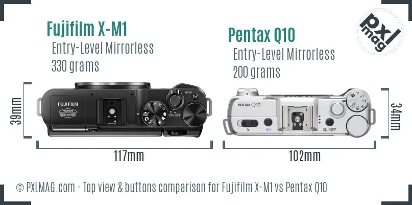 Fujifilm X-M1 vs Pentax Q10 top view buttons comparison