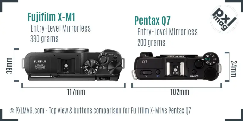Fujifilm X-M1 vs Pentax Q7 top view buttons comparison