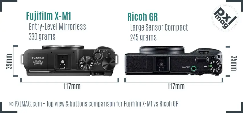 Fujifilm X-M1 vs Ricoh GR top view buttons comparison