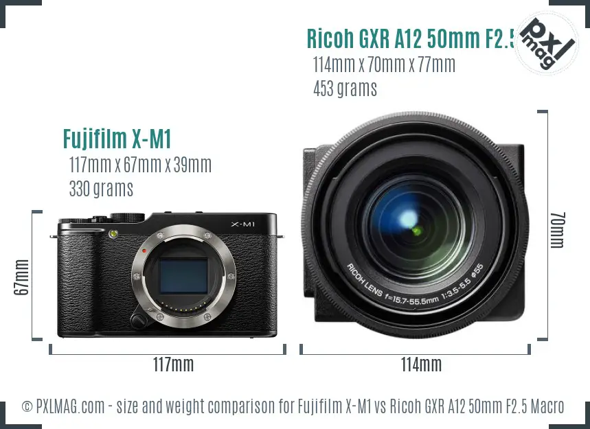 Fujifilm X-M1 vs Ricoh GXR A12 50mm F2.5 Macro size comparison