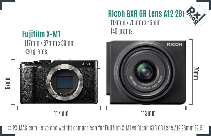 Fujifilm X-M1 vs Ricoh GXR GR Lens A12 28mm F2.5 size comparison