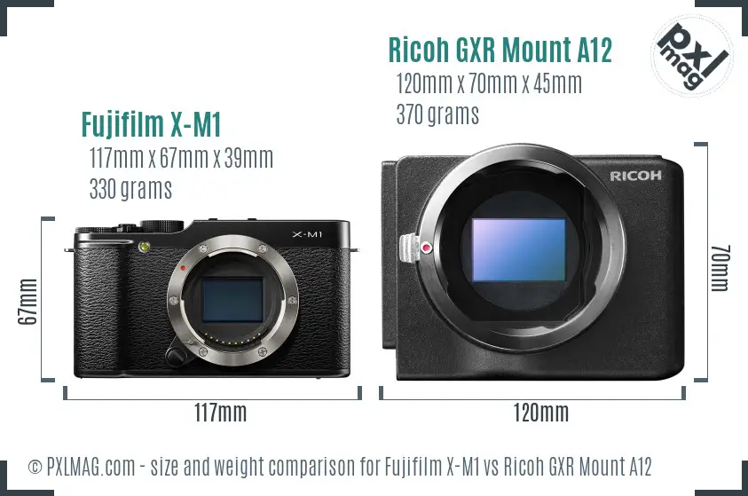 Fujifilm X-M1 vs Ricoh GXR Mount A12 size comparison