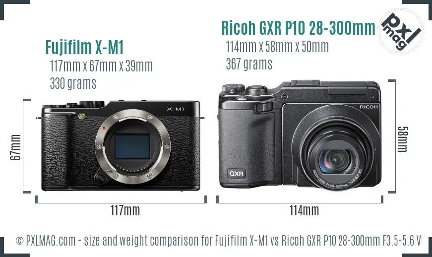 Fujifilm X-M1 vs Ricoh GXR P10 28-300mm F3.5-5.6 VC size comparison