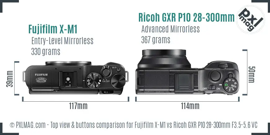 Fujifilm X-M1 vs Ricoh GXR P10 28-300mm F3.5-5.6 VC top view buttons comparison